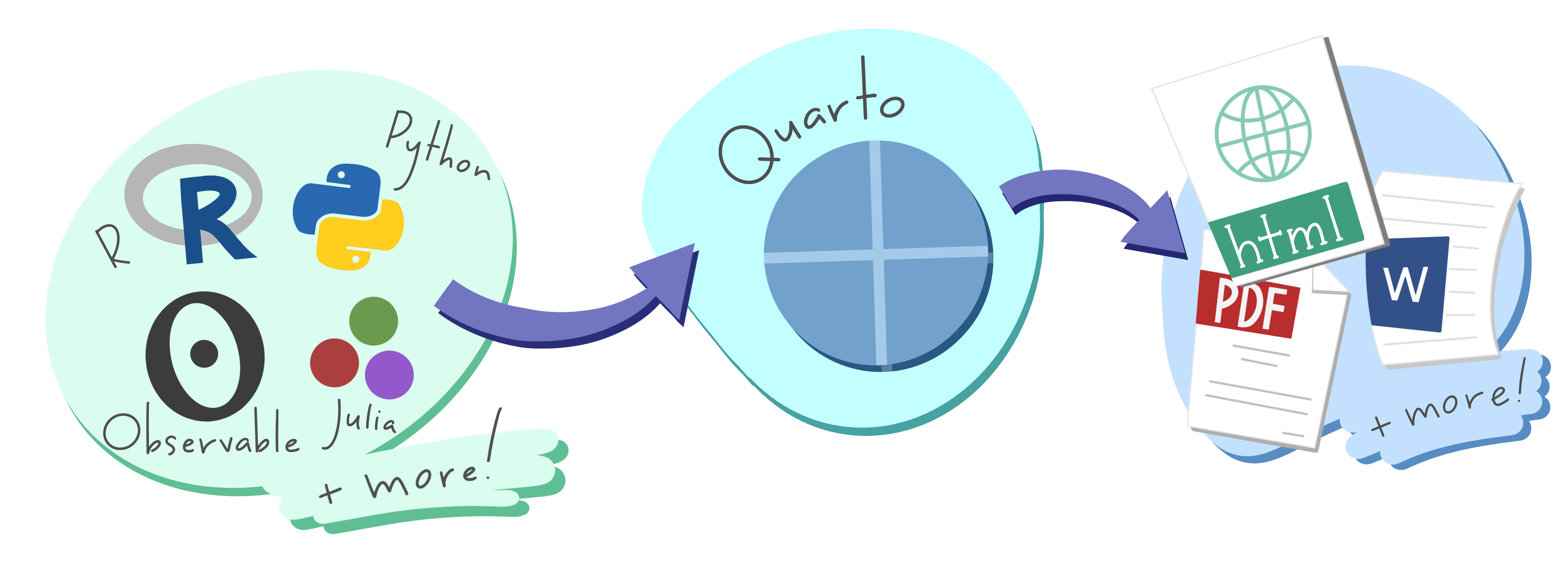 Illustration showing that you can write one file including R, Python, Observable or Julial; feed it into quarto; and expect html, pdf and others as outputs